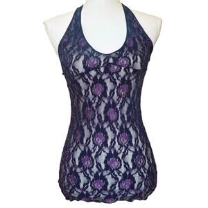Black and Purple Fishnet Halter Top Size S/M